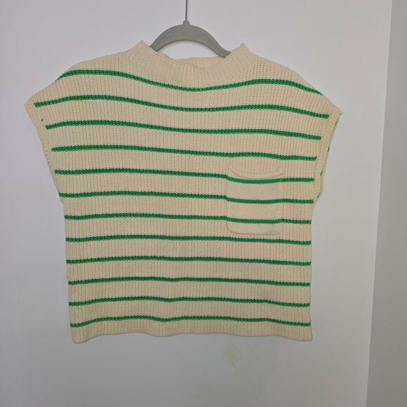 By Together Striped Knit Sweater Vest M Cream & Green Cotton Mock Neck Preppy - Picture 1 of 5